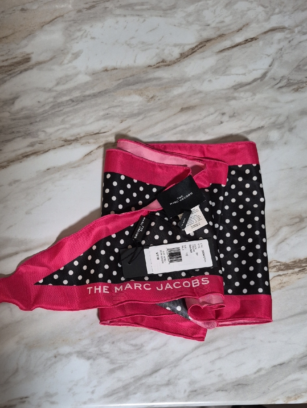 Marc Jacobs Black Polka Dot Silk Scarf with Hot Pink Trim